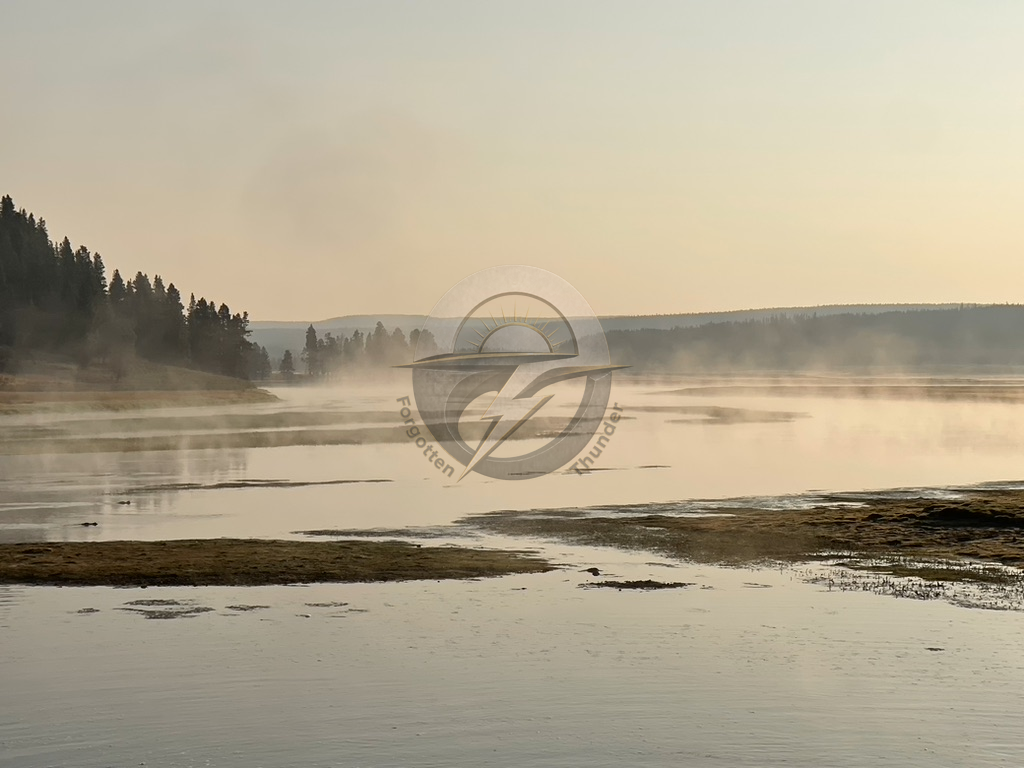 Golden mist across wooded shores